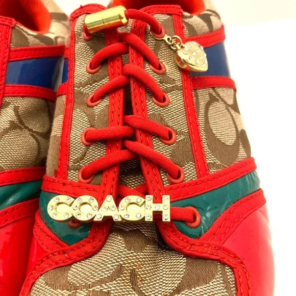 VTG Coach Women's Sneakers Oriana Size 9.5 Rhinestones Charms Logo Red Khaki Y2K - Picture 6 of 14